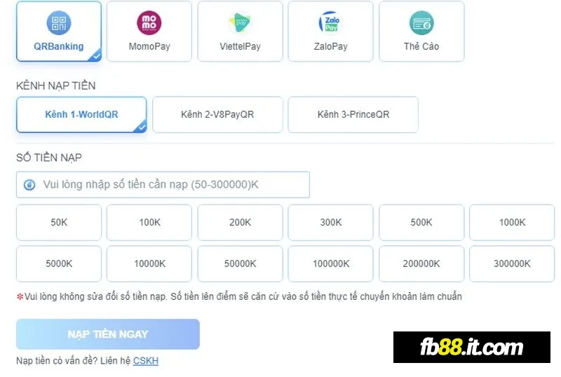 Hình thức nạp tiền đa dạng và tiện lợi của fb68